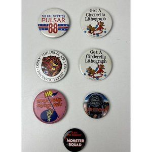 Vintage Buttons Lot of 7-HB,Cinderella,Delta,Pulsar,Critters, Monster Squad
